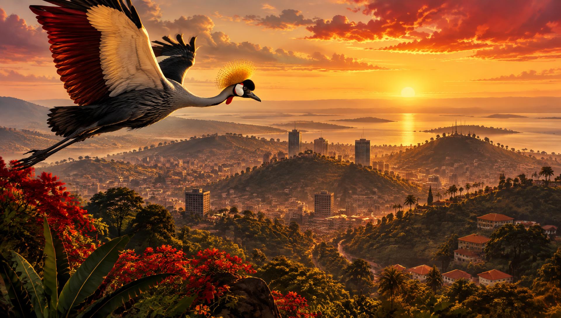 Sunrise over Kampala hills with a crested crane